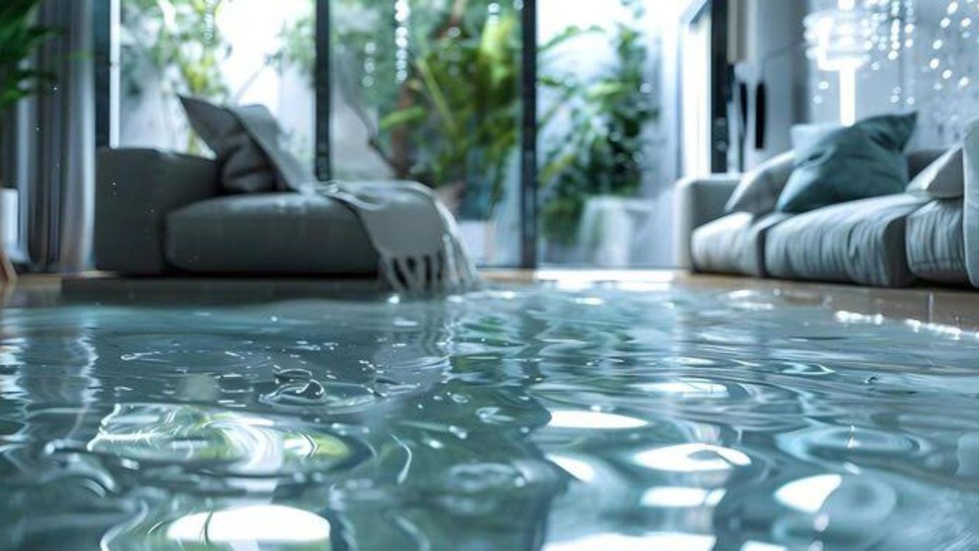 Living room with a thin layer of water across the floor after a leak